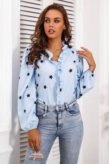 Star Print Frill Trim Balloon Sleeve Blouse