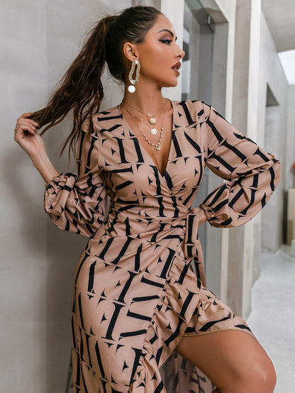 Letter Print Ruffle Hem Midi Wrap Dress