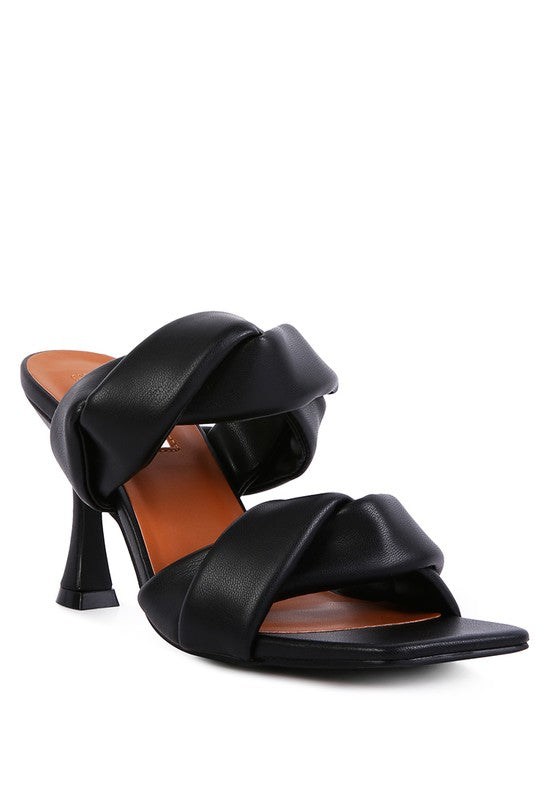 TWISTED STRAP SPOOL HEELED SANDALS