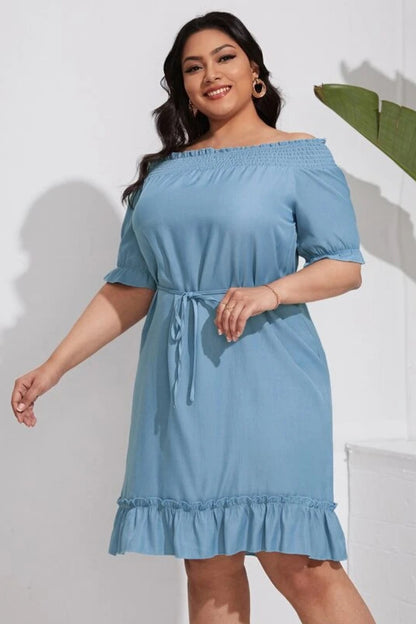 Plus Size Shirred Cold Shoulder Ruffle Tie Waist Dress