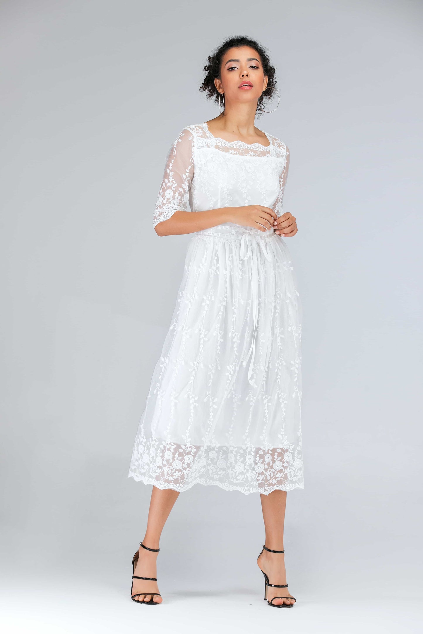 Scalloped Lace Half Sleeve Midi Dress