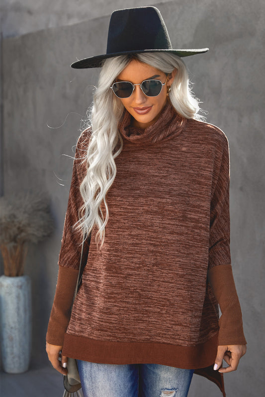 Ribbed Turtleneck Side Slit Sweatshirt