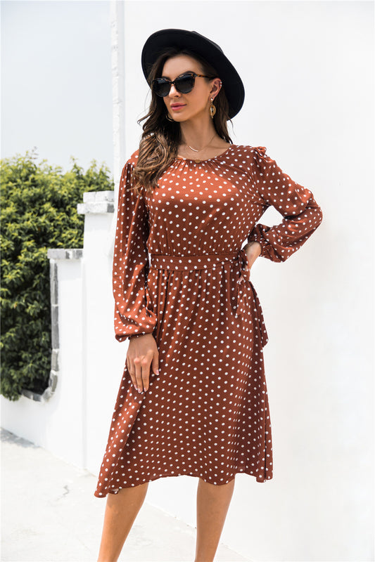 Polka Dot Lantern Sleeve Belted Dress