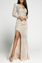 Load image into Gallery viewer, Sequin Cutout Ruched Split Long Sleeve Maxi Dress
