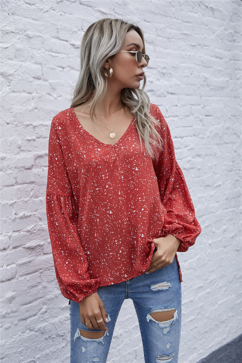 Dot Print Balloon Sleeve Blouse