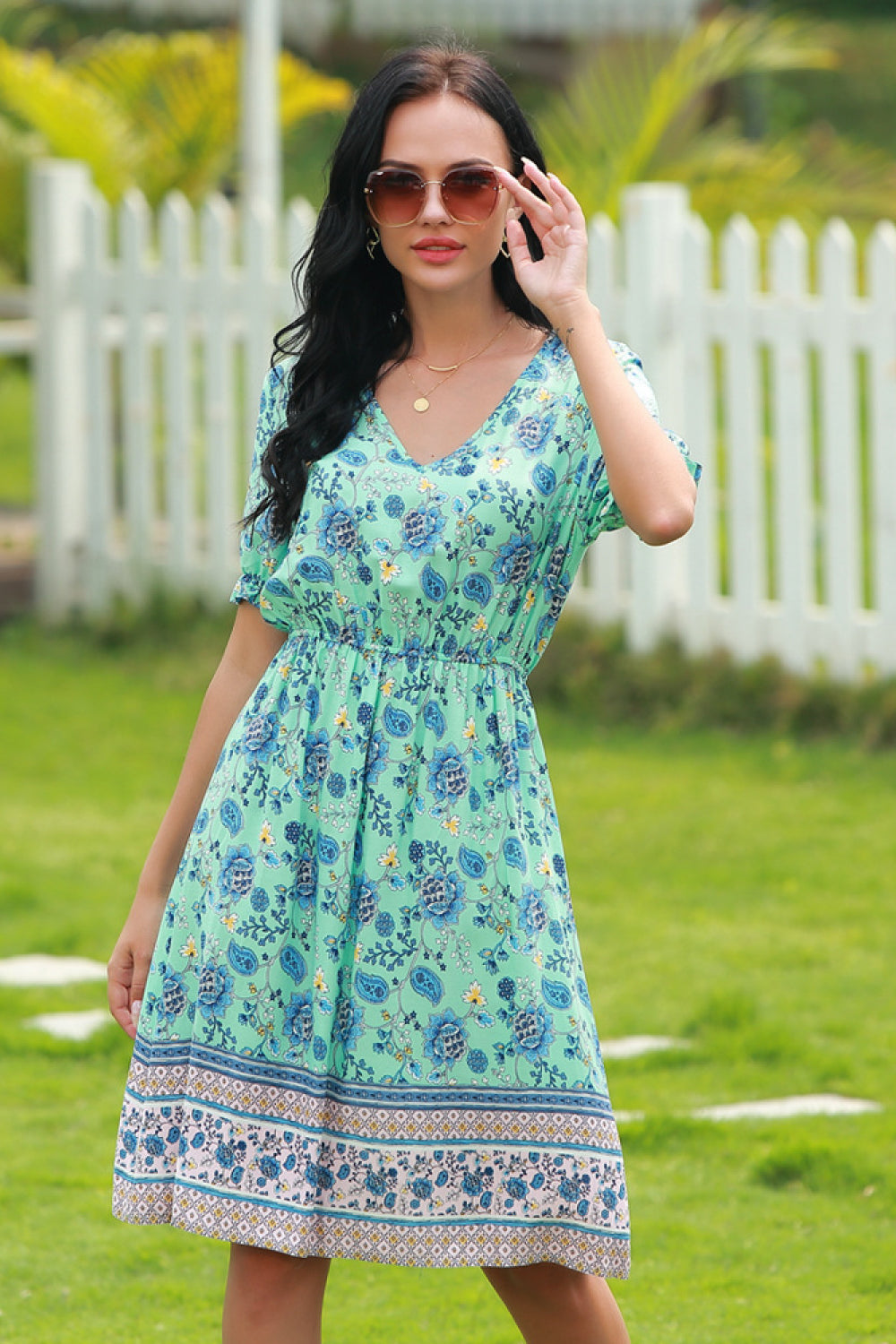 Floral V-neck Tie-waist Printed Dress