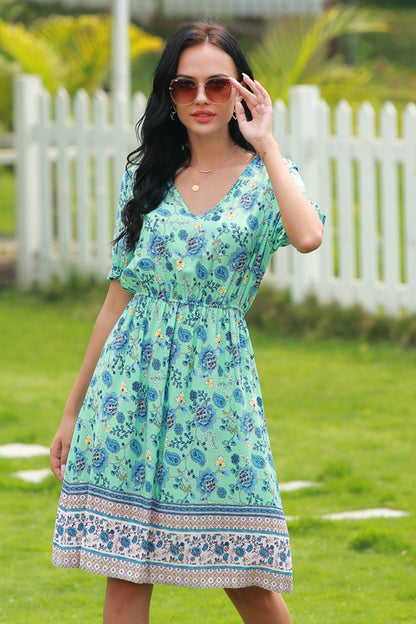 Floral V-neck Tie-waist Printed Dress