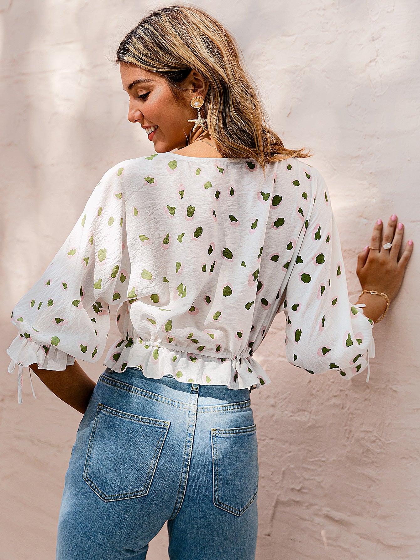 Printed Drawstring Detail Cropped Surplice Top