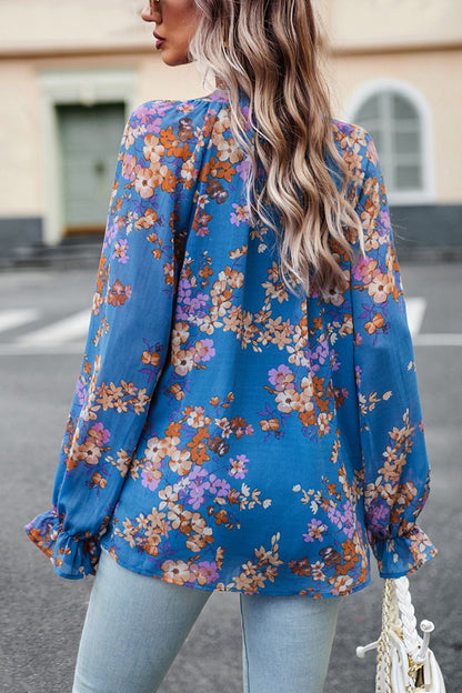 Floral Print Flounce Sleeve Blouse