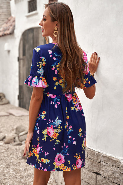 Ruffled Short Sleeve Floral Dress