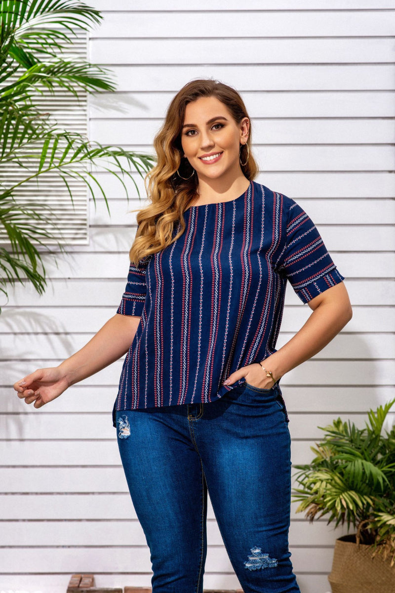 Plus Striped Round Neck Blouse