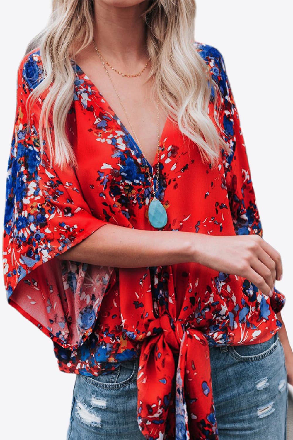 Printed Deep V Tie Hem Blouse