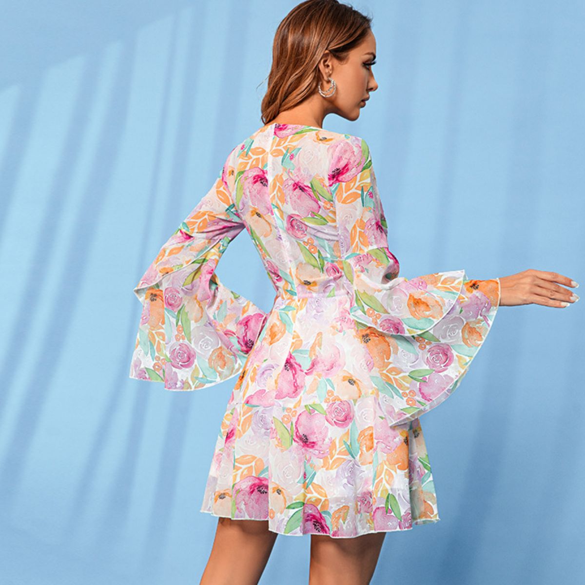 Floral Flare Sleeve Plunge Mini Dress