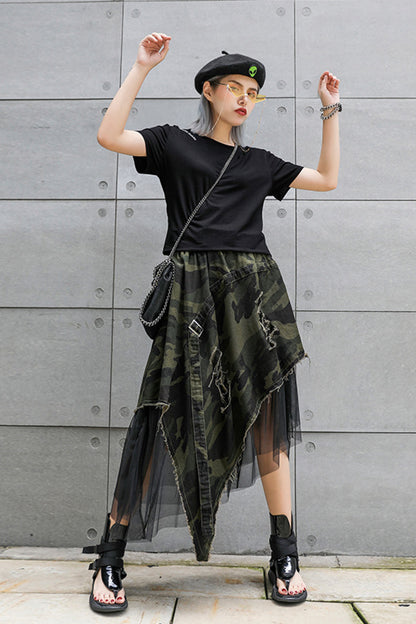 Camouflage Asymmetrical Distressed Denim Skirt with Mesh