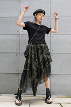 Load image into Gallery viewer, Camouflage Asymmetrical Distressed Denim Skirt with Mesh
