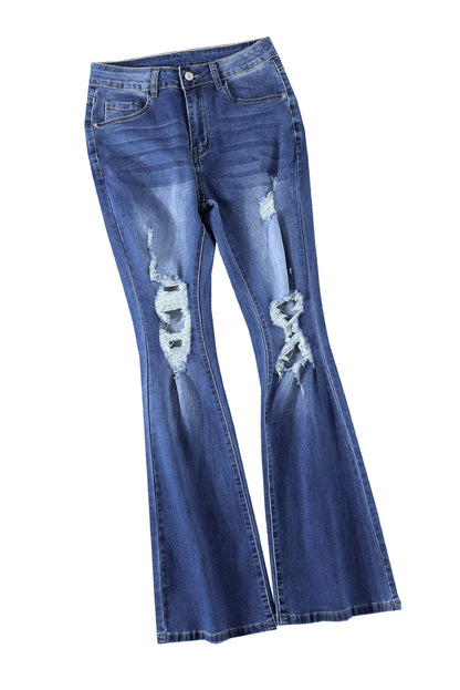 Blue Mid Waist Distressed Flared Jeans