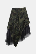 Load image into Gallery viewer, Camouflage Asymmetrical Distressed Denim Skirt with Mesh
