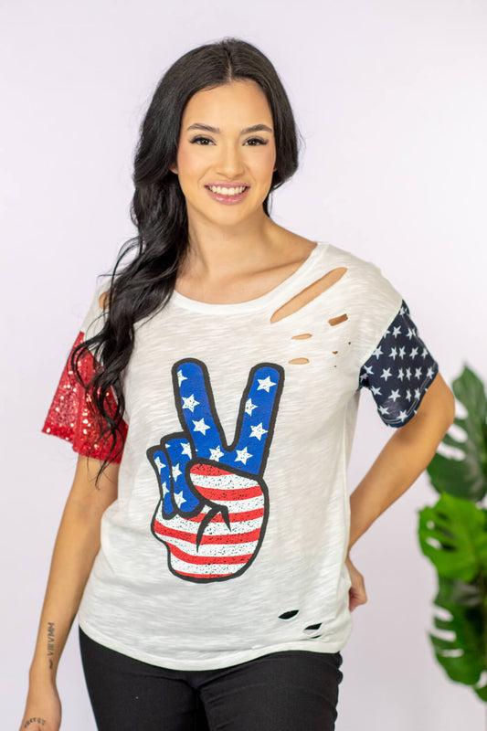 BiBi Patriotic Peace Sign Sequin Graphic Tee