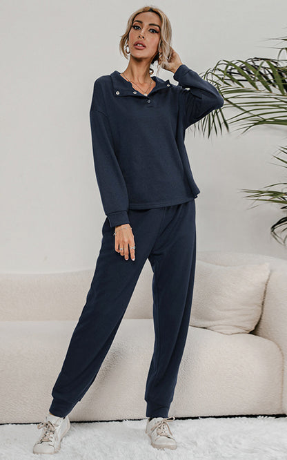 Buttoned Collar Top and Pants Lounge Set