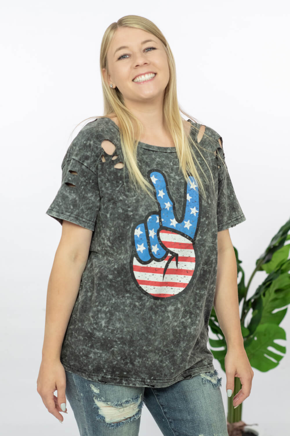 BiBi Peace, Love, USA Acid Wash Graphic Tee with Laser Cut