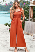 Load image into Gallery viewer, Frill Trim Tie Shoulder Wide Leg Jumpsuit with Pockets
