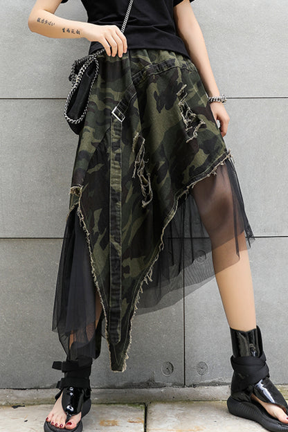 Camouflage Asymmetrical Distressed Denim Skirt with Mesh