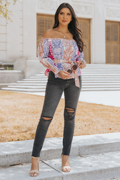 Printed Tie-Waist Off-Shoulder Blouse