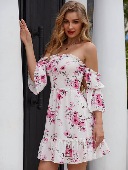 Floral Frill Trim Off-Shoulder Mini Dress