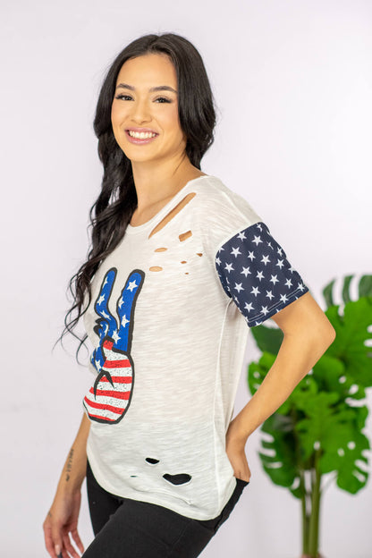 BiBi Patriotic Peace Sign Sequin Graphic Tee