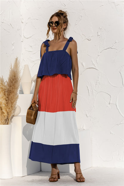 Color Block Adjustable Straps Ruffle Dress