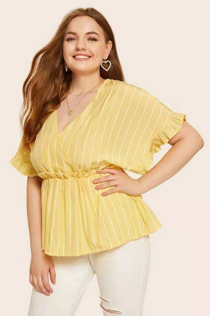 Plus Yellow V Neck Peplum Top