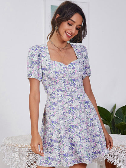 Floral Cutout Puff Sleeve Sweetheart Neck Dress