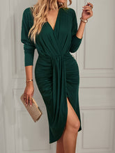 Load image into Gallery viewer, Ruched Tulip Hem Surplice Long Sleeve Dress
