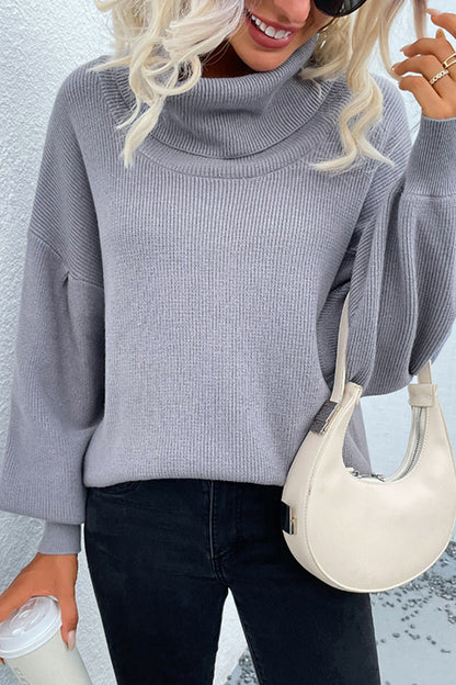 Rib-Knit Lantern Sleeve Turtleneck Sweater