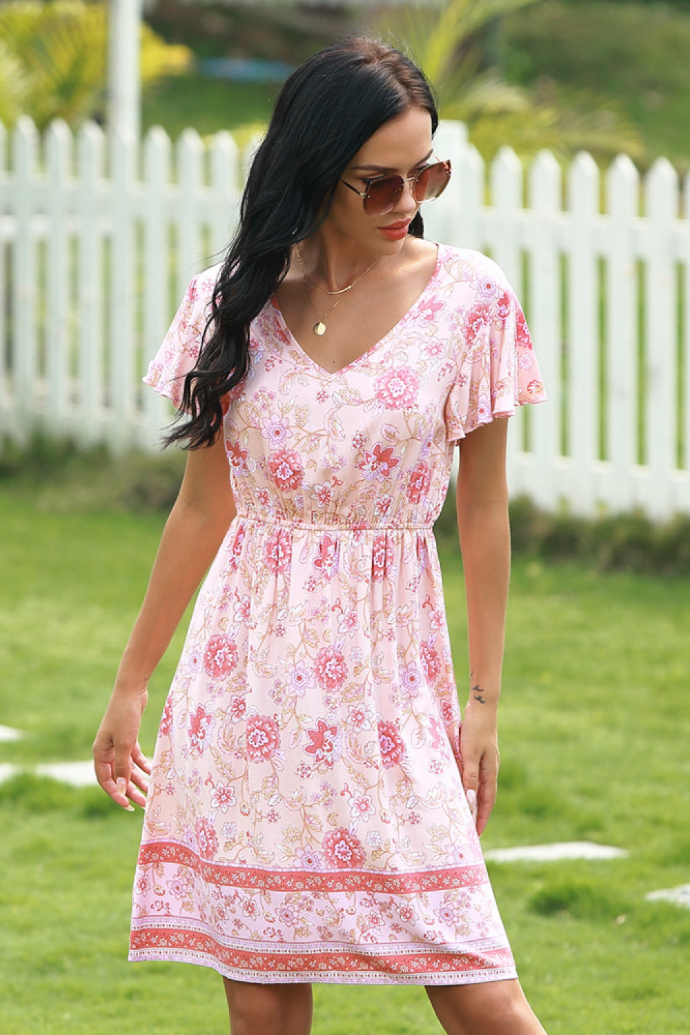 Full Size Range Floral Flutter Sleeve Knee-Length Dress