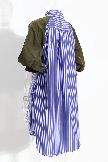 Contrast Striped Lantern Sleeve Shirt Dress