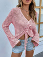 Flared Sleeve Drawstring Openwork Sweater