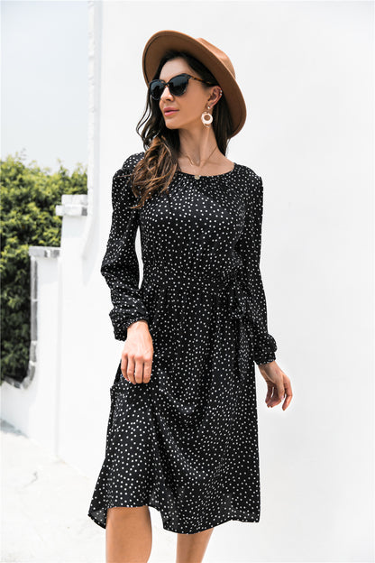 Polka Dot Lantern Sleeve Belted Dress