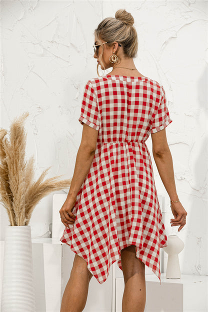 Plaid V-Neck Asymmetrical Trim Dress