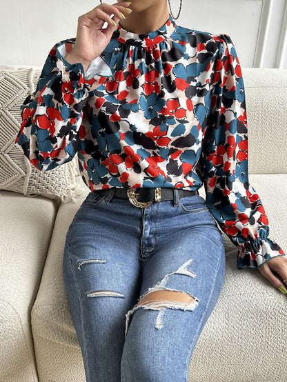 Floral Mock Neck Long Flounce Sleeve Blouse