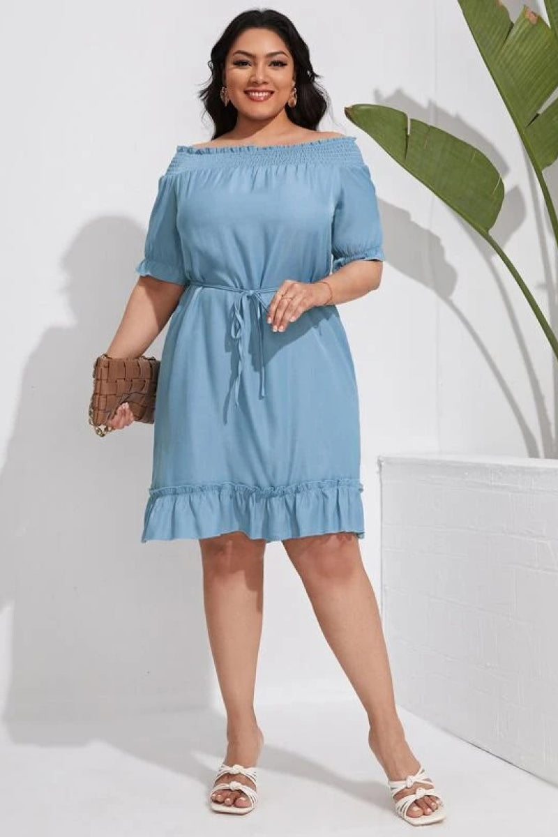 Plus Size Shirred Cold Shoulder Ruffle Tie Waist Dress