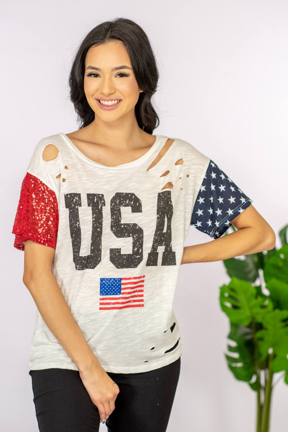 BiBi USA Sequin Graphic Distressed Tee