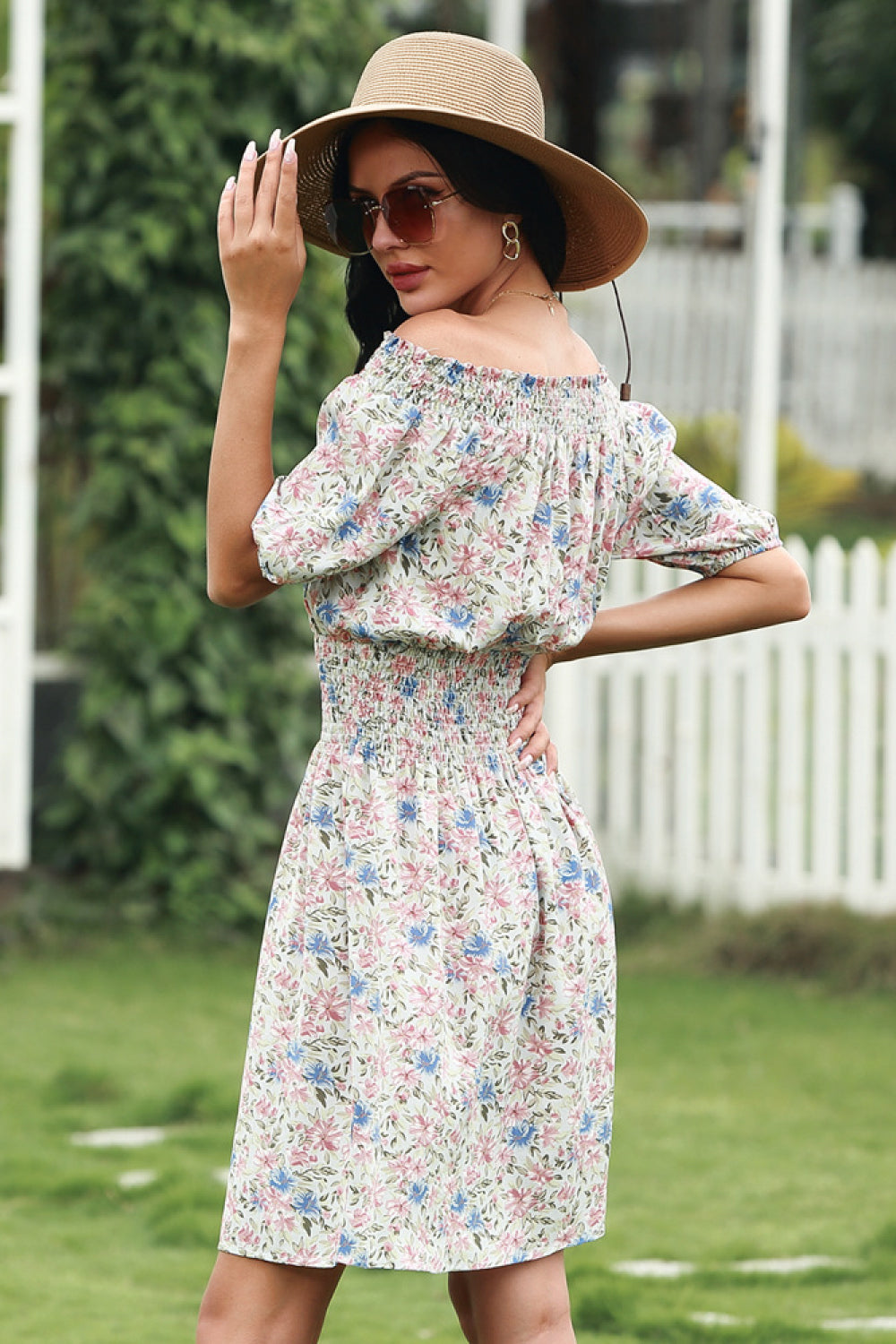 Full Size Range Floral Shirred Boat Neck Dress