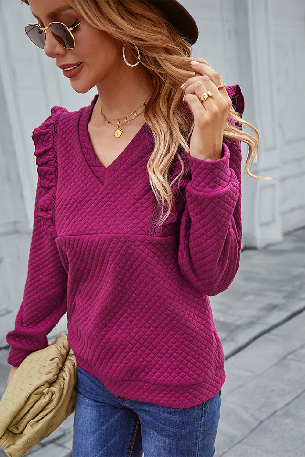 Ruffle Shoulder Waffle Pullover