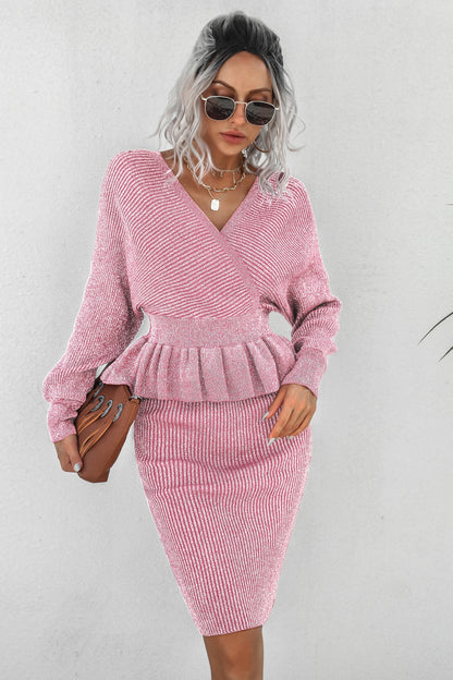 Peplum Dolman Sleeve Rib-Knit Top and Skirt Set