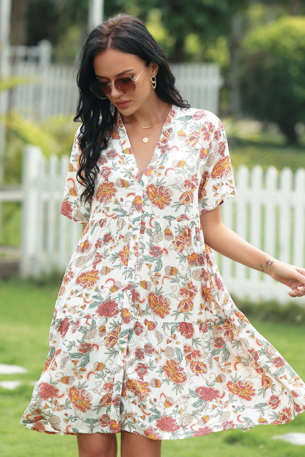 Full Size Floral  V-neckline Dress