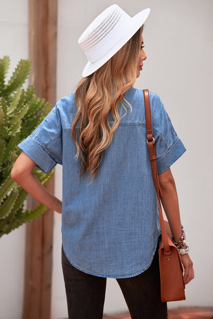 Collar Short Sleeve Denim Shirt