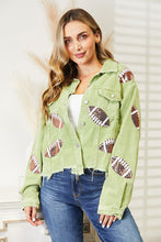 Load image into Gallery viewer, Football Patch Raw Hem Shacket
