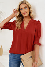 Load image into Gallery viewer, Smocked Flounce Sleeve Notched Neck Blouse
