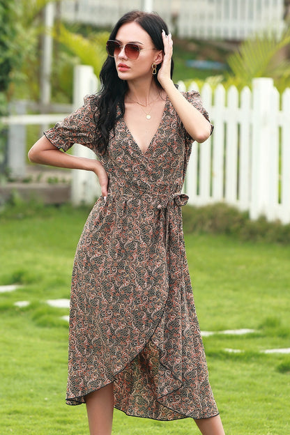 Full Size Range Paisley Wrap Frill Sleeve Dress